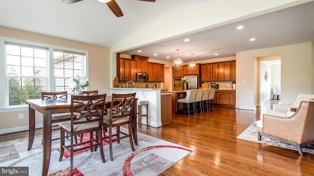 13002 Walkers Ln, Bowie, MD 20721 - dining room with ceiling fan, recessed lighting, baseboards, wood finished floors, and vaulted ceiling