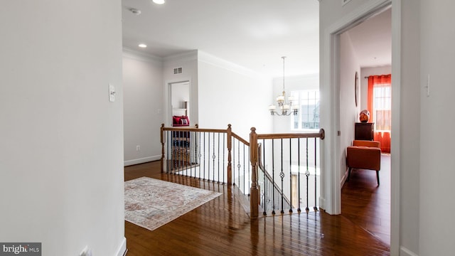 13002 Walkers Ln, Bowie, MD 20721 - hall with a notable chandelier, an upstairs landing, wood finished floors, and visible vents