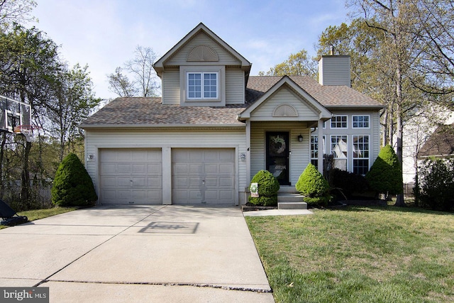 traditional home with a front yard, roof with shingles, a chimney, an attached garage, and driveway