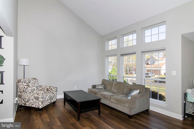 living room featuring baseboards, wood finished floors, and high vaulted ceiling