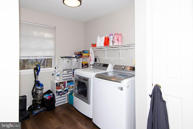 laundry area featuring laundry area, dark wood-style floors, and washer and clothes dryer