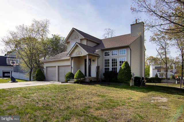 traditional home with driveway, a chimney, a front yard, fence, and an attached garage
