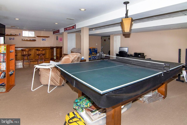 game room with a dry bar, carpet flooring, recessed lighting, and visible vents