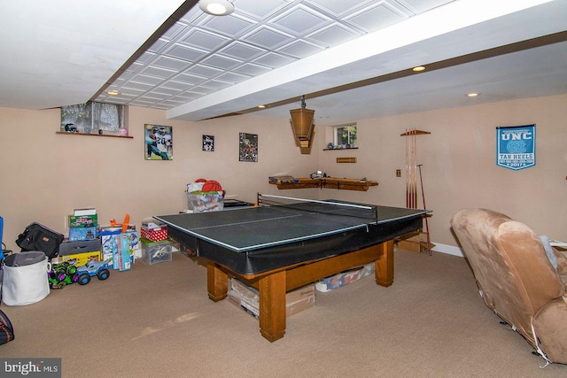 rec room with baseboards, carpet flooring, and recessed lighting