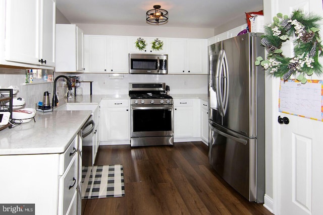 kitchen with backsplash, appliances with stainless steel finishes, a sink, and dark wood-type flooring