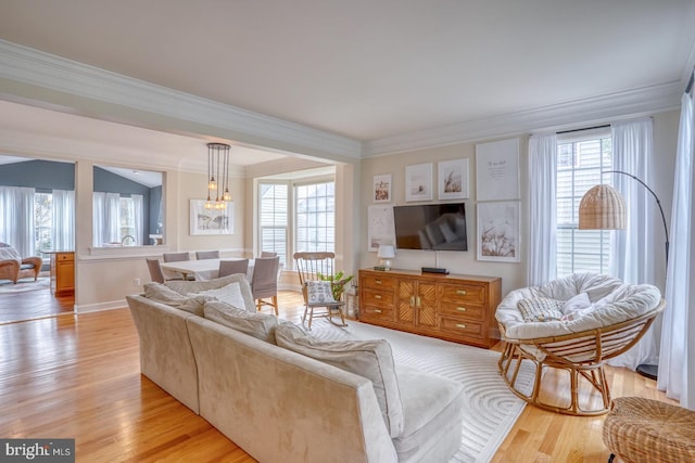 living area with light wood-type flooring, crown molding, and baseboards