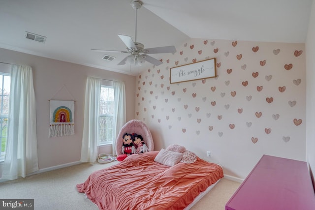 carpeted bedroom with baseboards, vaulted ceiling, visible vents, and wallpapered walls