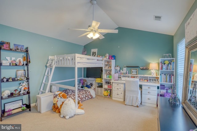 carpeted bedroom featuring vaulted ceiling, visible vents, a ceiling fan, and multiple windows