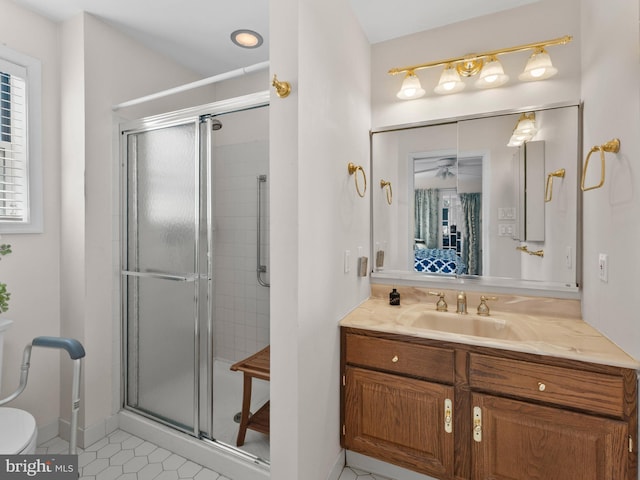 2 Windmill Ct, Columbus, NJ 08022 - bathroom featuring tile patterned flooring, vanity, toilet, baseboards, and a stall shower