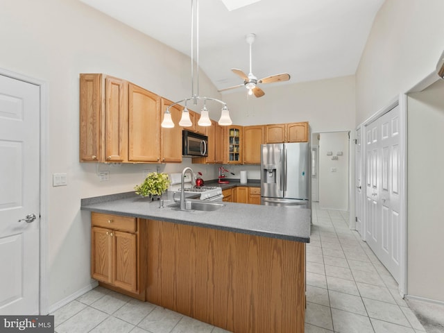 2 Windmill Ct, Columbus, NJ 08022 - kitchen with glass insert cabinets, a peninsula, stainless steel fridge, white range with gas stovetop, and light tile patterned flooring