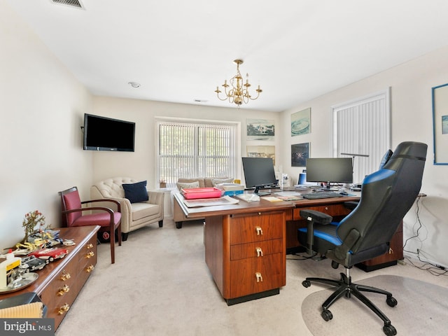 2 Windmill Ct, Columbus, NJ 08022 - home office with light colored carpet, a notable chandelier, and visible vents