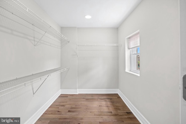 walk in closet with wood finished floors