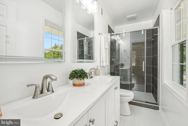1399 Kimblewick Rd, Potomac, MD 20854 - full bathroom featuring toilet, a shower stall, tile patterned floors, and double vanity