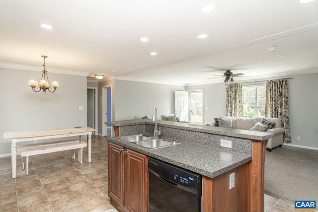 kitchen featuring crown molding, open floor plan, black dishwasher, and a sink
