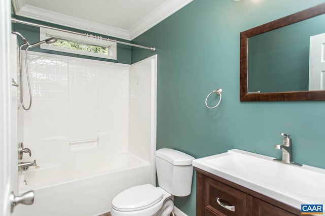 full bathroom featuring toilet, shower / bathtub combination, vanity, and crown molding