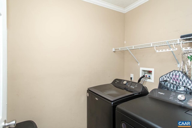laundry area with crown molding, washing machine and clothes dryer, and laundry area