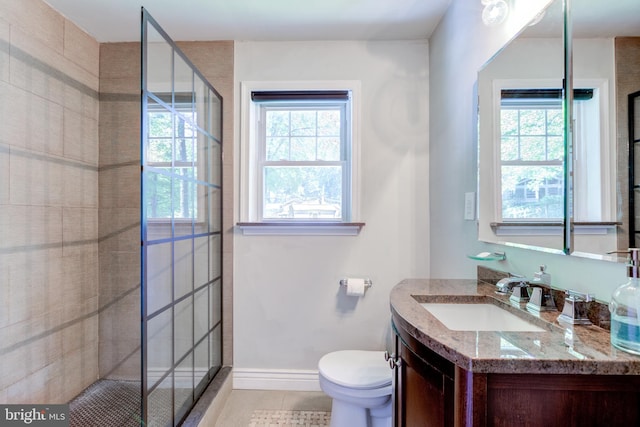 full bath with tile patterned flooring, a wealth of natural light, toilet, and vanity