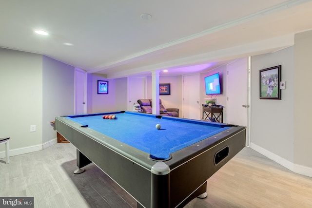 game room with baseboards, billiards, and light wood-style flooring