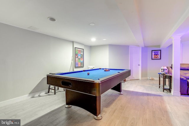 recreation room featuring wood finished floors, baseboards, and billiards