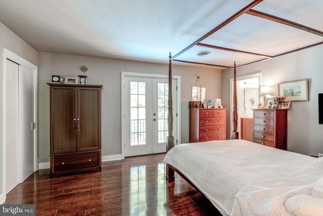 bedroom with french doors, dark wood-style floors, baseboards, visible vents, and access to outside