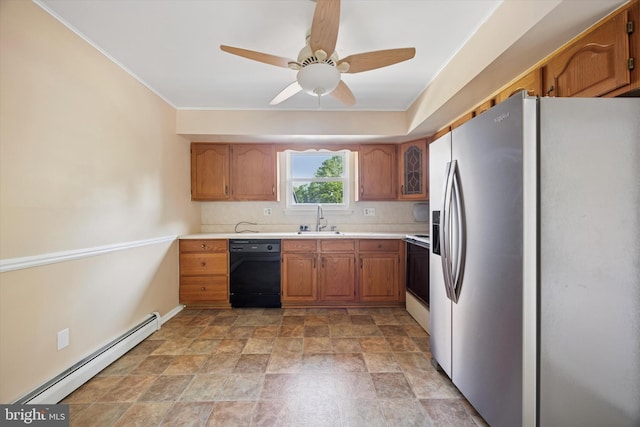 5 Morgan Rd, Aston, PA 19014 - kitchen with stainless steel refrigerator with ice dispenser, black dishwasher, baseboard heating, backsplash, and white range with electric cooktop