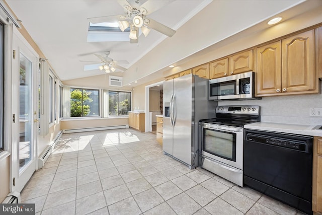 5 Morgan Rd, Aston, PA 19014 - kitchen featuring stainless steel appliances, a ceiling fan, vaulted ceiling, a baseboard radiator, and light tile patterned flooring