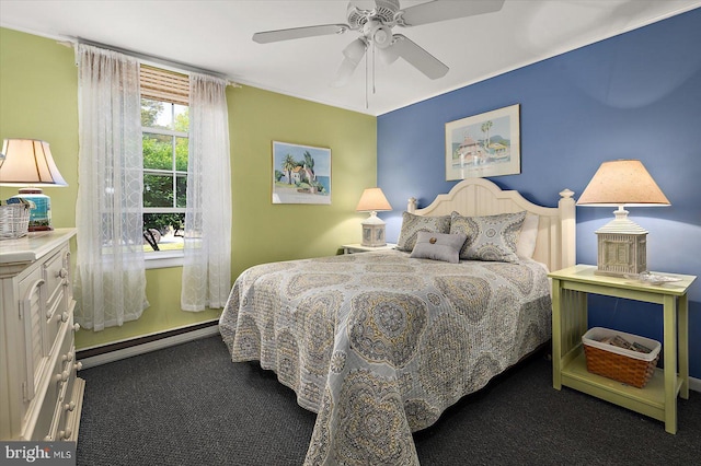 bedroom with carpet flooring, ceiling fan, and baseboards
