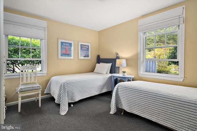 carpeted bedroom with baseboards and multiple windows
