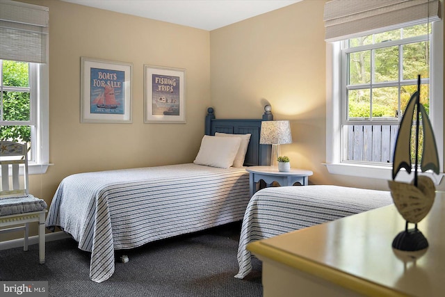 carpeted bedroom with multiple windows