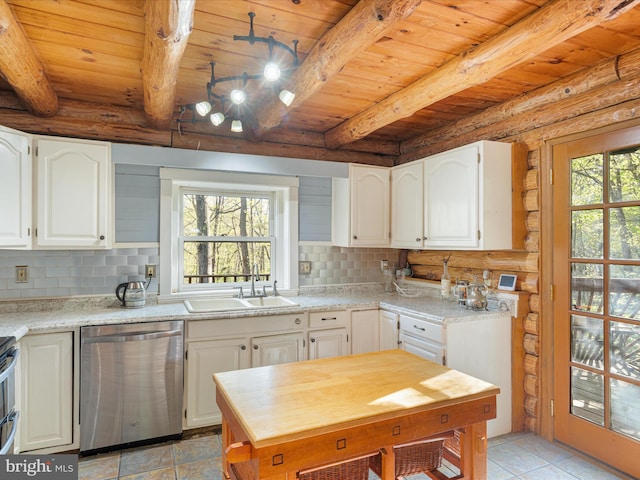 kitchen with stainless steel dishwasher, backsplash, a sink, and wood ceiling