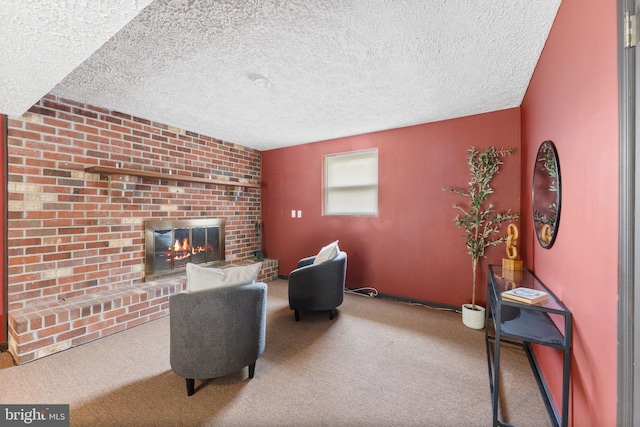 2116 Bell Tree Ln, Waldorf, MD 20601 - carpeted living area featuring a textured ceiling and a brick fireplace