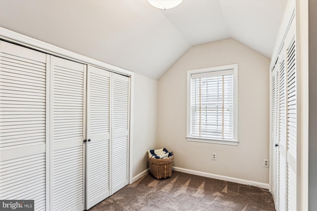 unfurnished bedroom with lofted ceiling, baseboards, carpet flooring, and a closet