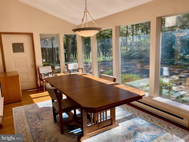 490 Orlando Ave, State College, PA 16803 - dining room with wood finished floors, vaulted ceiling, and baseboard heating