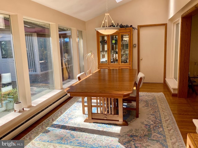 490 Orlando Ave, State College, PA 16803 - dining space with a baseboard radiator, lofted ceiling, wood finished floors, a skylight, and plenty of natural light