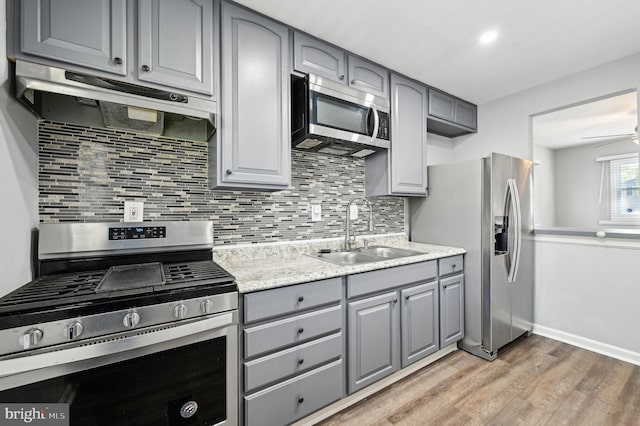 1943 Brookside Dr, Edgewood, MD 21040 - kitchen featuring under cabinet range hood, gray cabinets, stainless steel appliances, and a sink