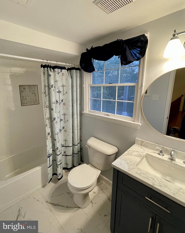 bathroom featuring visible vents, shower / bath combination with curtain, vanity, toilet, and marble finish floor