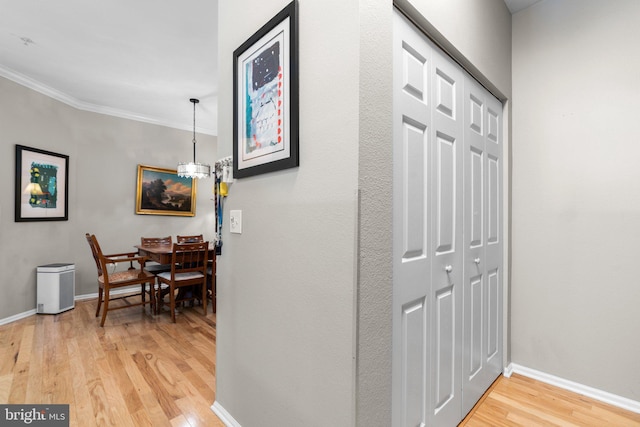 hallway with light wood-style floors, ornamental molding, and baseboards