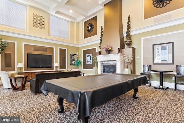 rec room with carpet flooring, coffered ceiling, billiards, and a towering ceiling