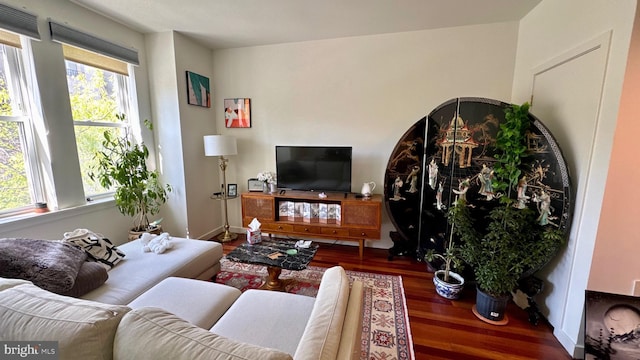 living area featuring baseboards and wood finished floors