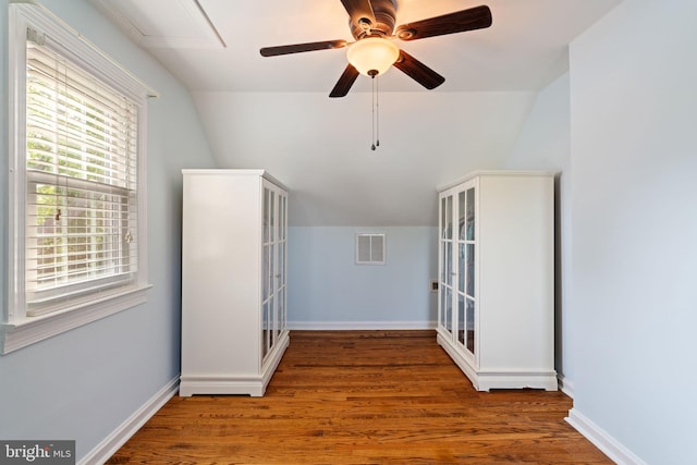 1217 Stafford Ave, Fredericksburg, VA 22401 - interior space with attic access, a ceiling fan, wood finished floors, vaulted ceiling, and visible vents
