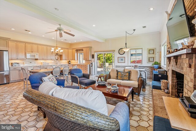 3689 1st Ave, Edgewater, MD 21037 - living area featuring a ceiling fan, recessed lighting, ornamental molding, a brick fireplace, and beamed ceiling