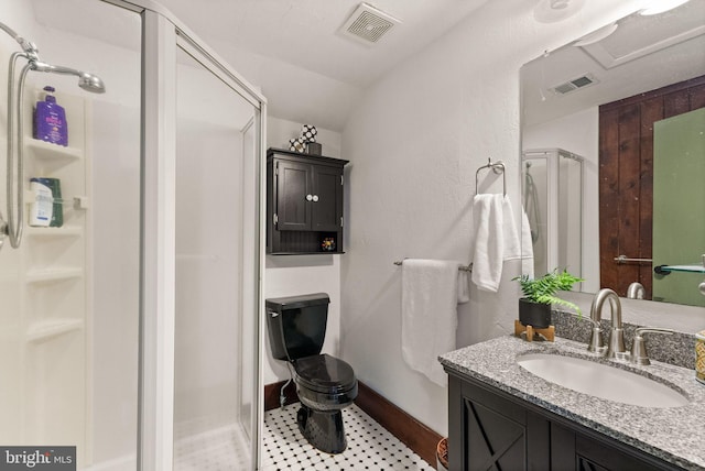 11713 Henderson Rd, Clifton, VA 20124 - bathroom with a stall shower, vaulted ceiling, and vanity