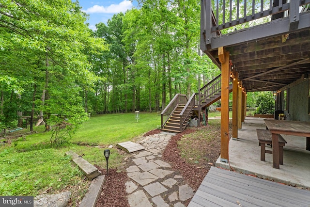11713 Henderson Rd, Clifton, VA 20124 - view of grassy yard with stairs, a patio area, and a deck