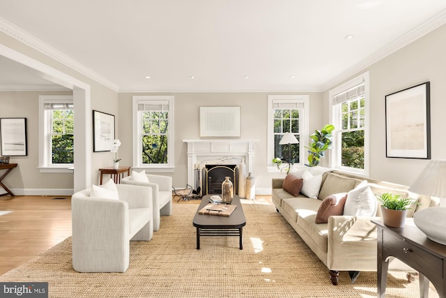 living area with a high end fireplace, baseboards, light wood finished floors, and a wealth of natural light
