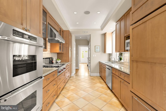 kitchen with a sink, stainless steel appliances, baseboards, range hood, and backsplash