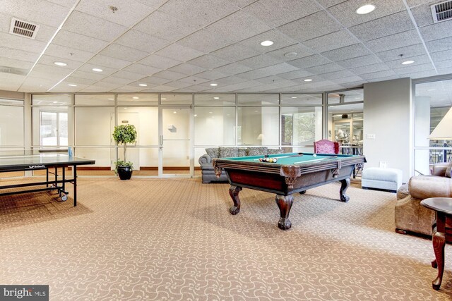 rec room featuring billiards, carpet floors, and visible vents