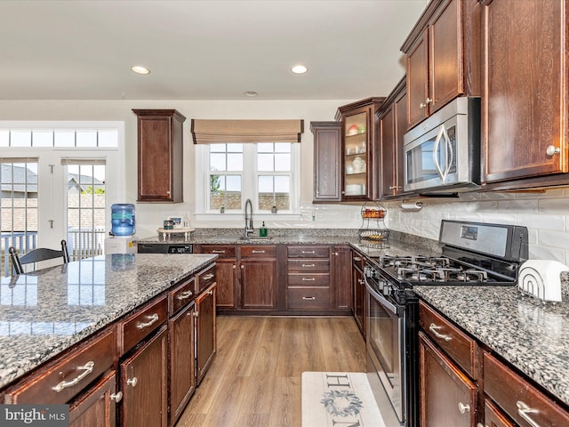 kitchen featuring appliances with stainless steel finishes, a sink, light wood-style floors, and a healthy amount of sunlight