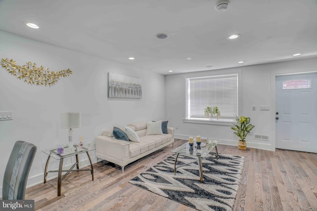 2832 Edgemont St, Philadelphia, PA 19134 - living area with baseboards, wood finished floors, visible vents, and recessed lighting