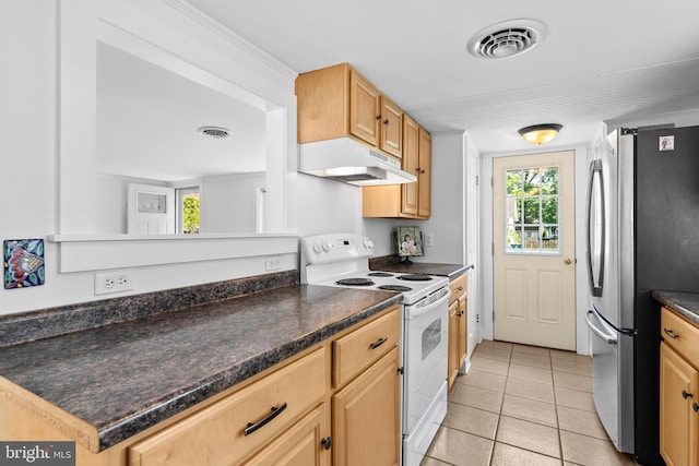 103 W Marengo, Saint Michaels, MD 21663 - kitchen with freestanding refrigerator, light tile patterned flooring, visible vents, under cabinet range hood, and white electric stove