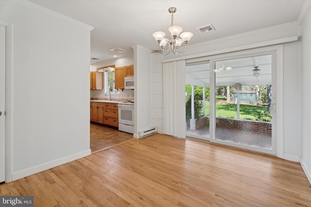 unfurnished dining area with light wood-style floors, plenty of natural light, visible vents, a baseboard radiator, and an inviting chandelier